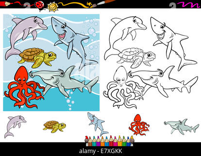 Cartoon Illustrations of Funny Sea Life Animals Characters Group for Coloring Book with Elements Set Stock Photo