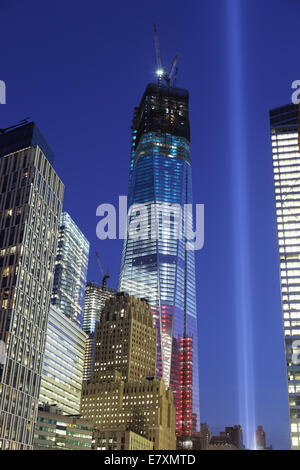 September 11 Tribute in Light 2012 viewed south along West Street Stock Photo