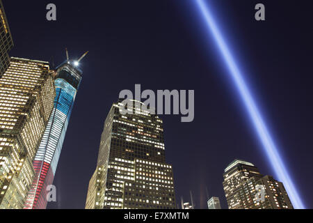 September 11 Tribute in Light 2012 viewed from the Hudson River walk Stock Photo
