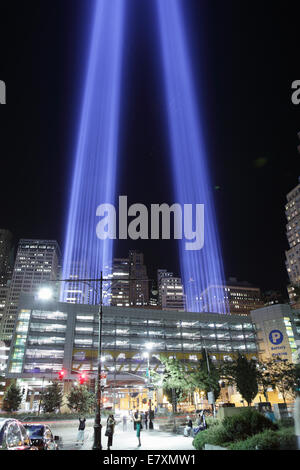 September 11 Tribute in Light 2012 viewed from the Hudson River walk. Stock Photo