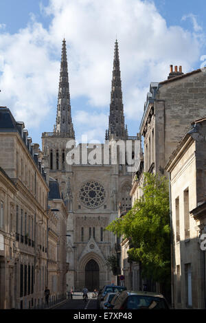the narrow street leading to the historic St. Andre de Bordeaux Cathedral in the center of Bordeaux France Stock Photo