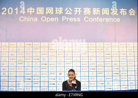 Beijing, China. 26th Sep, 2014. Poland's tennis player Agnieszka Radwanska attends the 2014 China Open press conference in Beijing, capital of China, Sept. 26, 2014. Credit:  Li Wen/Xinhua/Alamy Live News Stock Photo