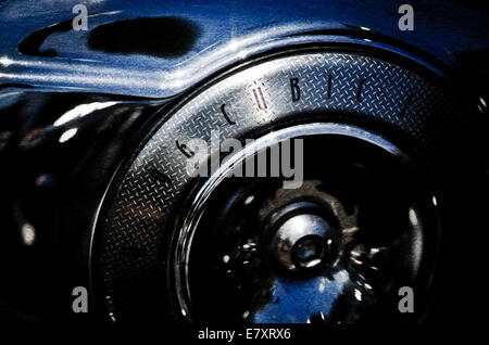 Close up of exhaust pipes and other motor parts of a Motorbike. Stock Photo