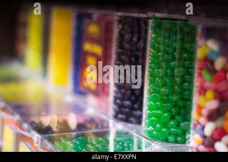 Jars of jelly beans in a shop. Stock Photo