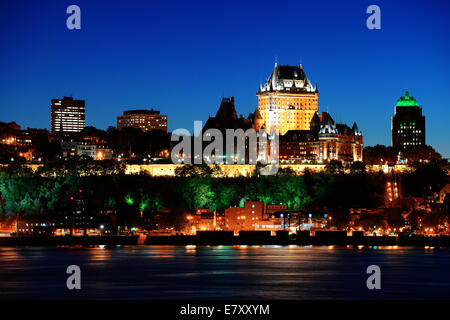 Quebec City skyline at dusk over river viewed from Levis. Stock Photo