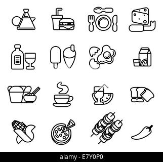 Food icon including icons for burger, cheese,  pizza, coffee and many more Stock Photo