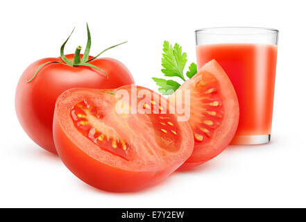 Glass of tomato juice and fresh tomatoes isolated on white Stock Photo