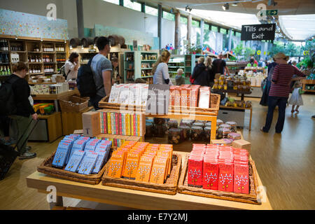 Interior of The Eden Project Shop (ethical gift, plant and souvenir shop) at the Eden Project. Bodelva Saint Austell Cornwall UK Stock Photo