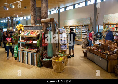 Interior of The Eden Project Shop (ethical gift, plant and souvenir shop) at the Eden Project. Bodelva Saint Austell Cornwall UK Stock Photo