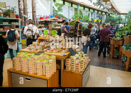 Interior of The Eden Project Shop (ethical gift, plant and souvenir shop) at the Eden Project. Bodelva Saint Austell Cornwall UK Stock Photo