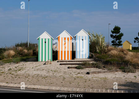 Beach Huts on a traffic roundabout in France near the town of Roscoff. Stock Photo