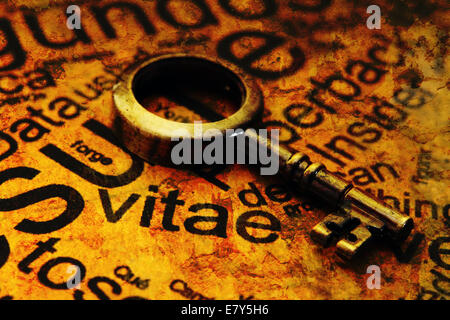 Close up of a Curriculum Vitae with old key Stock Photo