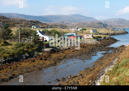 The small village of Miabhaig on the Golden Road along the east coast of South Harris in the Outer Hebrides. Stock Photo