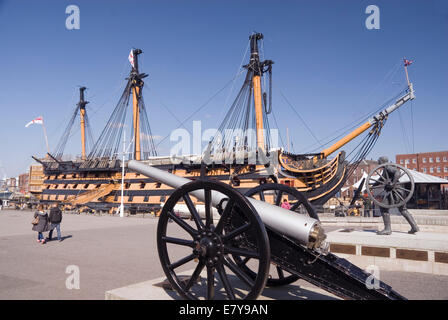 Portsmouth UK 02 April 2013: HMS Victory and cannon, Portsmouth Historic Dockyard Stock Photo