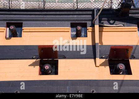 Portsmouth Historic Dockyard UK 02 April 2013: HMS Victory, close up on the cannon portholes of the Flagship of the Royal Navy Stock Photo