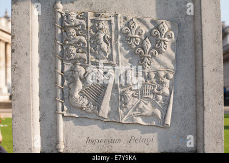 Royal Standard with inscription Imperium Pelagi on King George II statue by Old Royal Naval College, Greenwich, London, Stock Photo