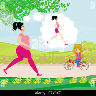 Young woman jogging,fat girl dreams to be a skinny girl Stock Photo