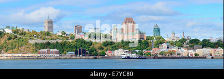 Quebec City skyline panorama over river with blue sky and cloud. Stock Photo