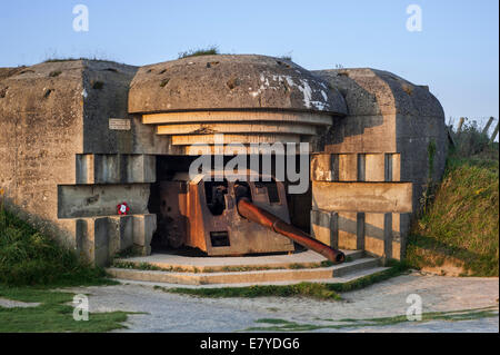 German 152 mm navy gun in bunker of the Batterie Le Chaos, part of the Atlantikwall at Longues-sur-Mer, Normandy, France Stock Photo