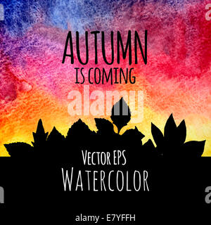 Autumn is coming, abstract hand drawn watercolor texture background with leaves Stock Photo