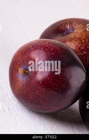 Fresh ripe red juicy appetizing plum close up view with the stalk facing the camera in a concept of healthy eating and diet with Stock Photo