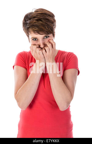 Face, fear and worried with a black woman in studio isolated on a, scared  face