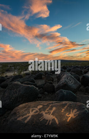 Native rock carvings beneath a colorful sunset near Gila Bend, Arizona. Stock Photo