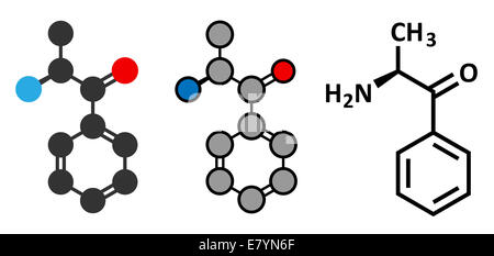 Cathinone khat stimulant molecule. Present in Catha edulis (khat). Stylized 2D rendering and conventional skeletal formula. Stock Photo