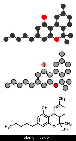 THC (delta-9-tetrahydrocannabinol, dronabinol) cannabis drug molecule. Conventional skeletal formula and stylized representation Stock Photo