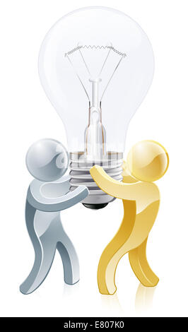 Light bulb people illustration of two mascots carrying a lightbulb Stock Photo