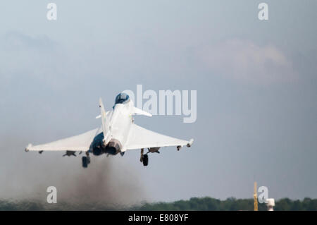 Rear view of RAF 3 Squadron Eurofighter typhoon aeroplane taking off from RAF Coningsby
