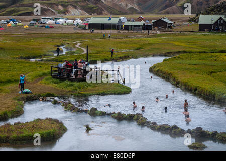 Natural hot springs at the base camp in the region of Landmannalaugar, Iceland, Europe. Stock Photo