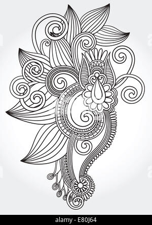 black and white original hand draw line art ornate flower design Stock Photo