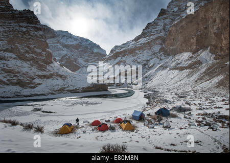 Camp site on Zanskar river, during Chadar trek in winter. Stock Photo