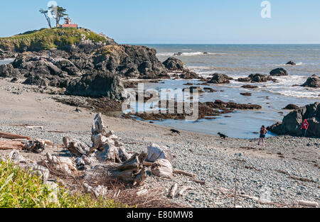 California, Crescent City, Battery Point Lighthouse built 1856, couple with two dogs playing on beach Stock Photo