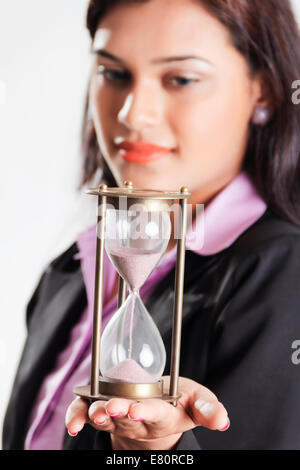 indian Business Woman Hourglass Timer Stock Photo