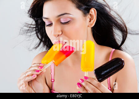 indian Beautiful Ladie with  Icecream Stock Photo