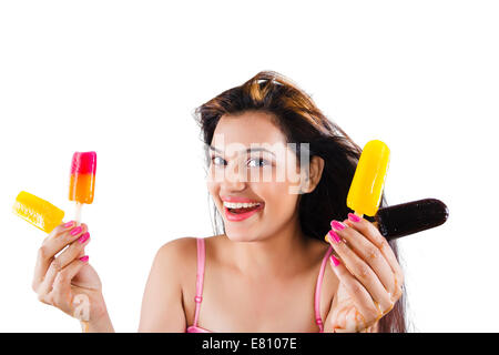 indian Beautiful Ladie with  Icecream Stock Photo