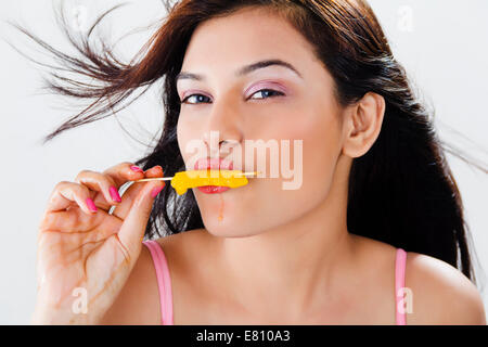 indian Beautiful Ladie with  Icecream Stock Photo