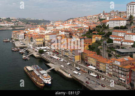 Looking down on the Ribeira riverside district from the Luiz I bridge, Oporto, Portugal. Stock Photo