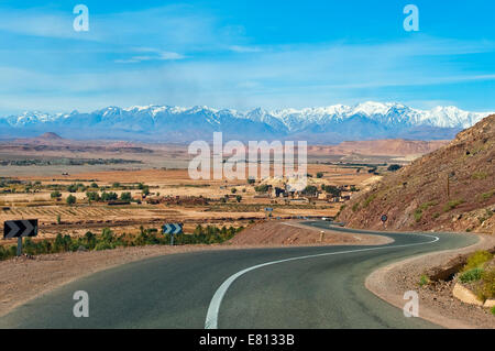 Horizontal view of the twisting N9 highway through the Mid and High Atlas Mountain range in Morocco. Stock Photo