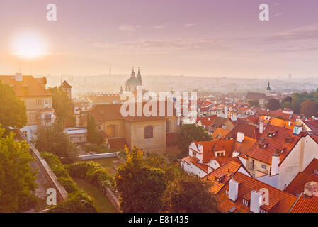 Prague City Morning Skyline, View of the Lesser Town or Little Quarter from the walls of Prague Castle. Stock Photo