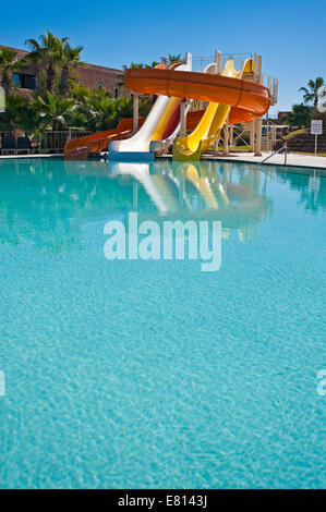 Vertical view of an empty swimming pool at a plush hotel. Stock Photo