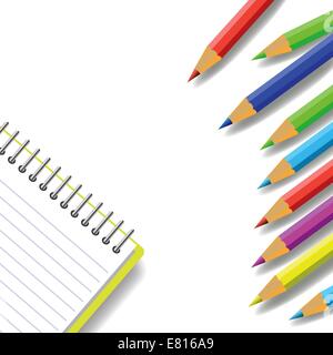 colorful illustration with notebook and pencils  on a white background Stock Photo