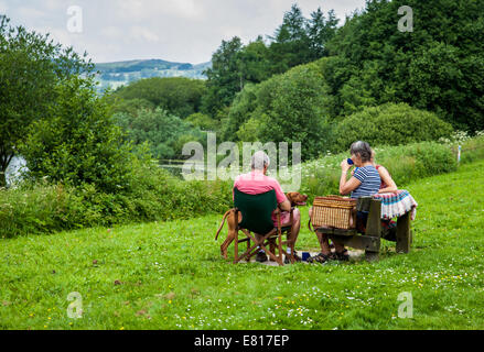 Man two woman & a dog enjoying the views of the English countryside on a warm summers day as they picnic in an open field Stock Photo