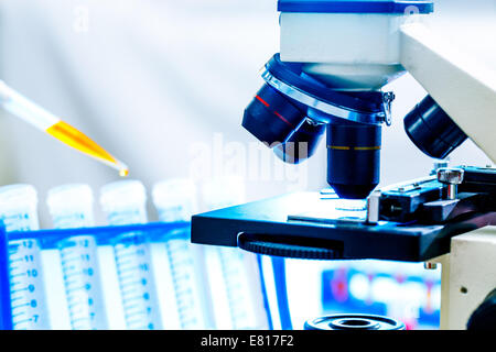 Laboratory work place with microscope,  test tube and pipettes. Stock Photo