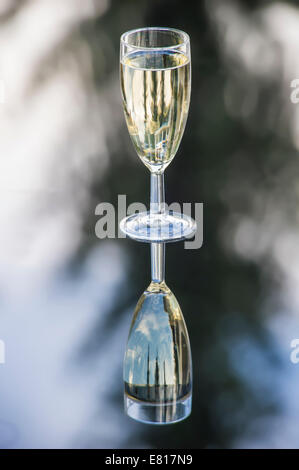 A glass of champagne reflects in a table at a wedding celebration Stock Photo