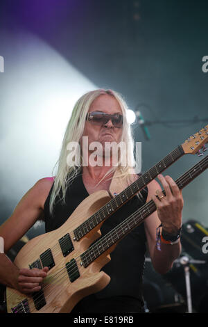 Nick Beggs of Kajagoogoo playing bass on stage at Fairport Convention's ...