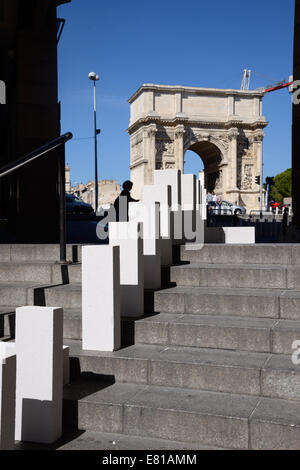 Giant Domino Circuit, Marseille, France. 28th September, 2014. Marseille has been the latest setting for a mammoth domino circuit linking the city's main train station to the old port. The brain-child of British artist Julian Maynard Smith, of Station Opera House, the installation follows similar events in London, Copenhagen, Helsinki and elsewhere Credit:  Chris Hellier/Alamy Live News Stock Photo
