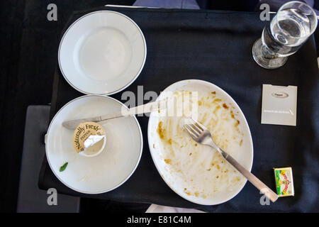 Miami Florida,International Airport,onboard,passenger cabin,American Airlines,class,seats,airline food,empty plates,dishes,meal,FL140305112 Stock Photo